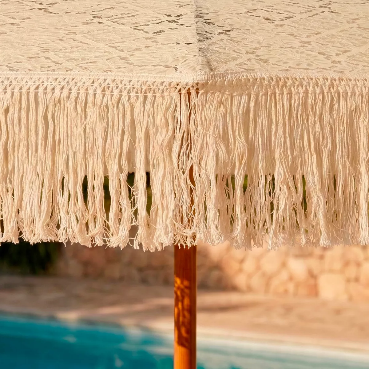 Ombrellone da giardino rotondo con frange (D2 m) Isy Pizzo Beige