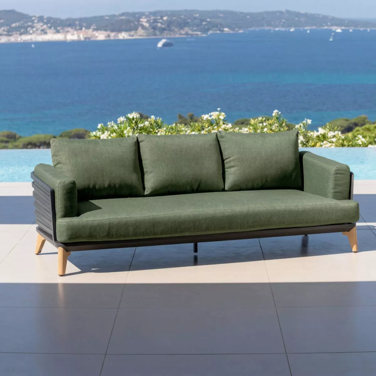 Divano da giardino in alluminio 3 posti Monte Carlo Grigio antracite e verde rosmarino