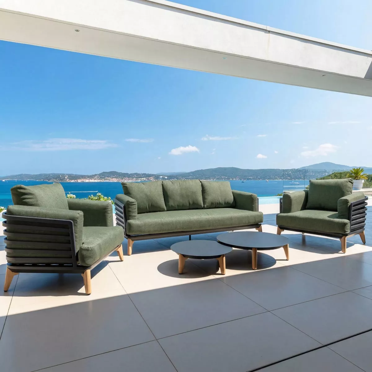 Divano da giardino in alluminio 3 posti Monte Carlo Grigio antracite e verde rosmarino