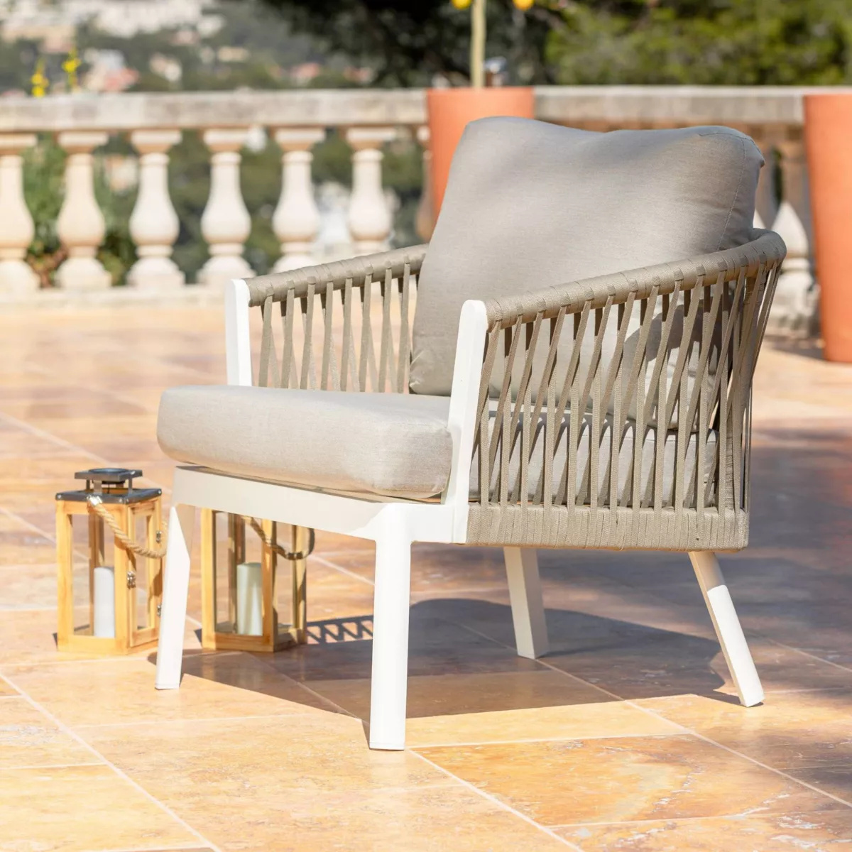 Salon de jardin en aluminium 7 places 5 pcs Amalfi Blanc et beige