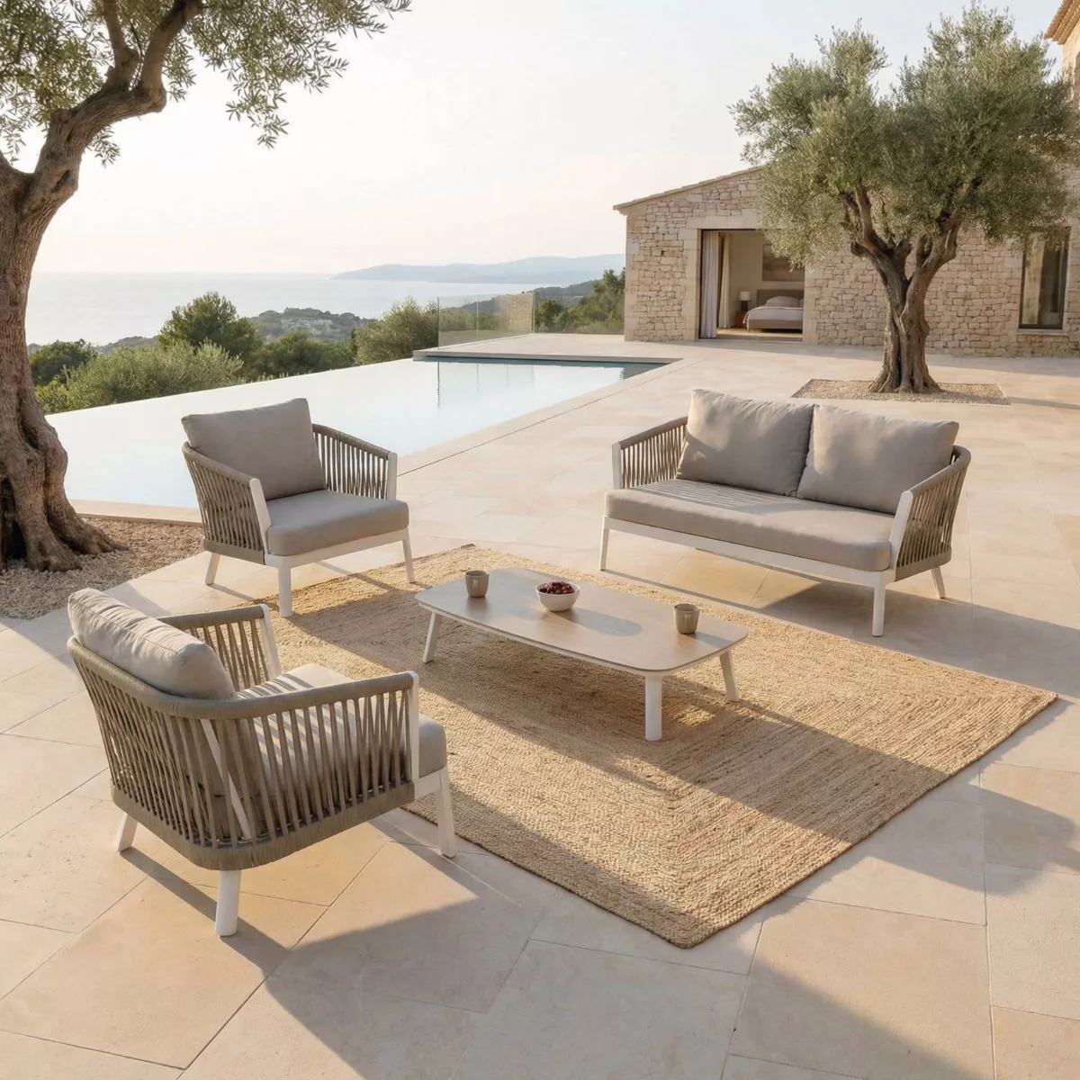 Salotto da giardino in alluminio 4 posti 4 pezzi Amalfi Bianco e tortora