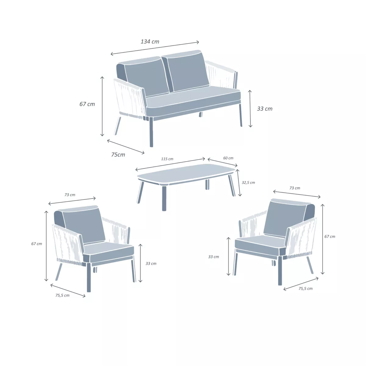 Salon de jardin en aluminium 4 places 4 pcs Amalfi Blanc et taupe