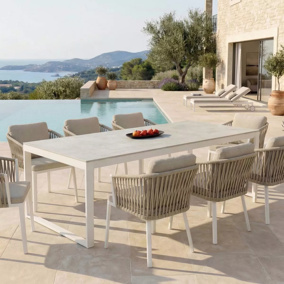 Table de jardin 8 places Aluminium/Céramique Kore (180 x 90 cm) - Blanc/Gris clair