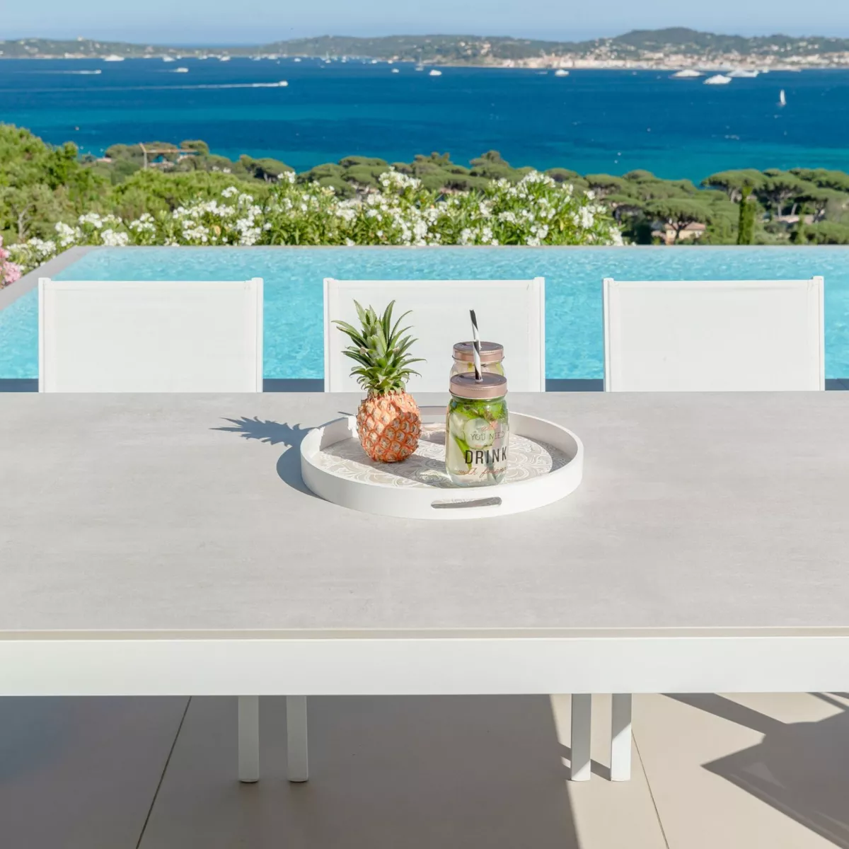 Table de jardin 8 places Aluminium/Céramique Kore (180 x 90 cm) - Blanc/Gris clair
