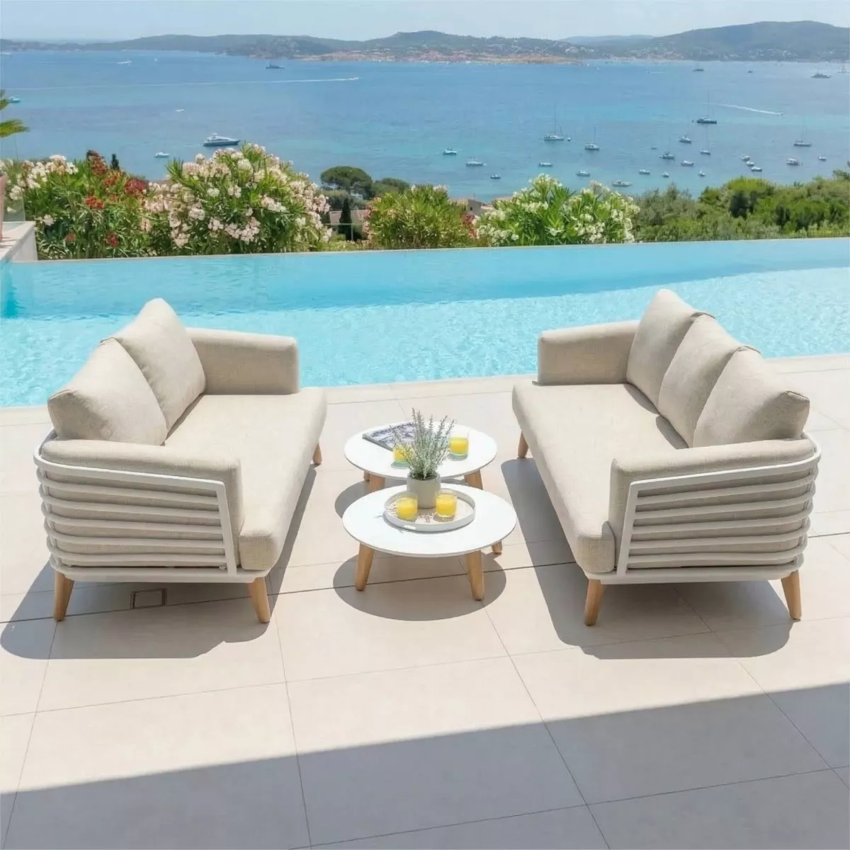 Salon de jardin aluminium 5 places 4 pcs Monte Carlo Blanc et taupe