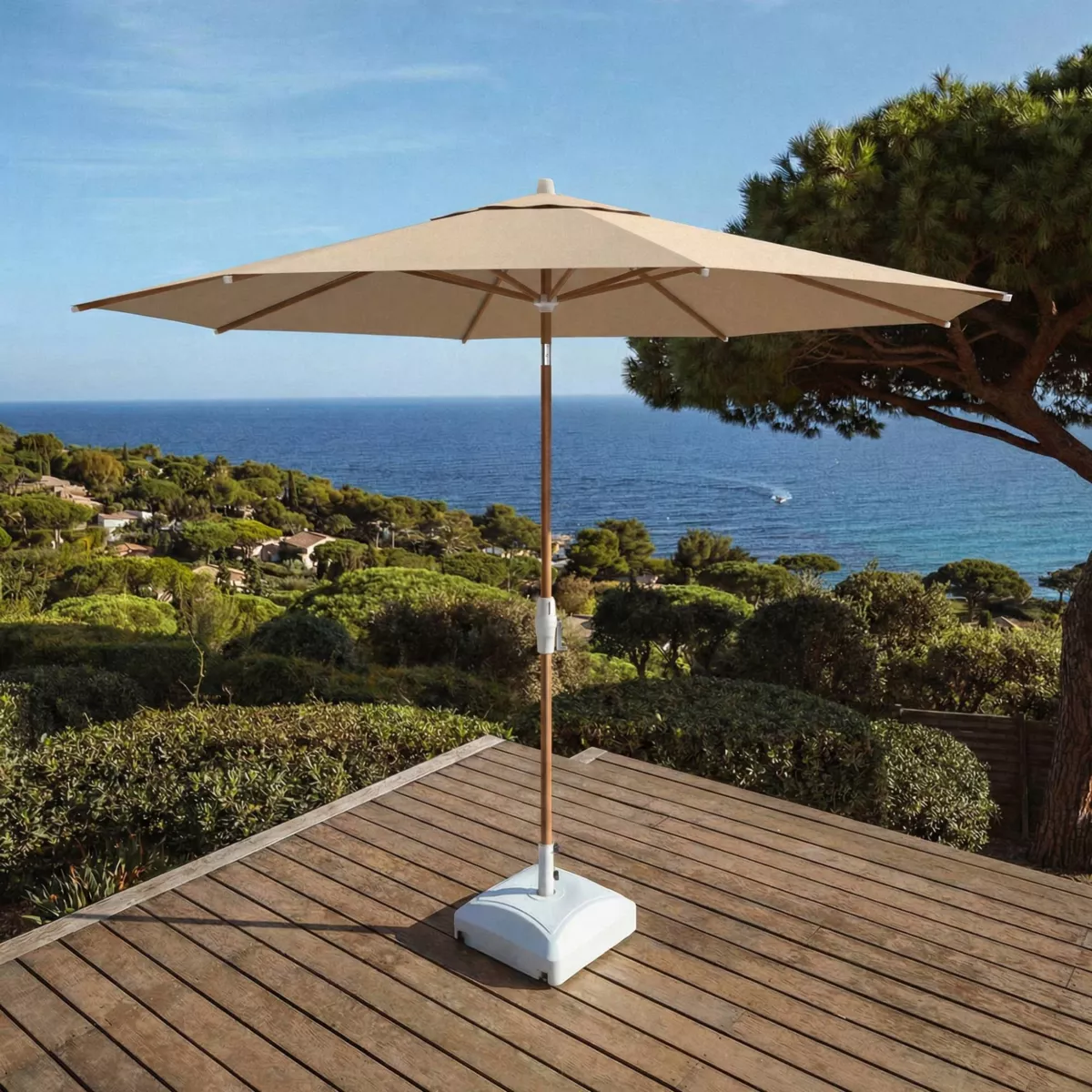 Ombrellone rotondo in alluminio (D3,3 m) Elyra effetto legno e Beige