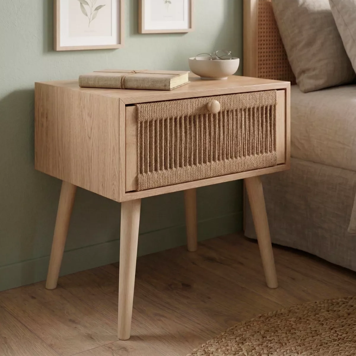 Comodino legno e corde di canapa (Alt 58 cm) Manille  cassetto Beige