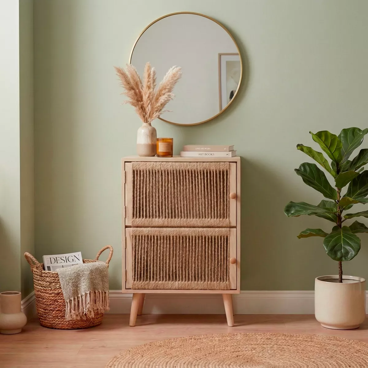 Commode chiffonnier 2 tiroirs bois et corde de chanvre (40 x 65 cm) Manille Beige