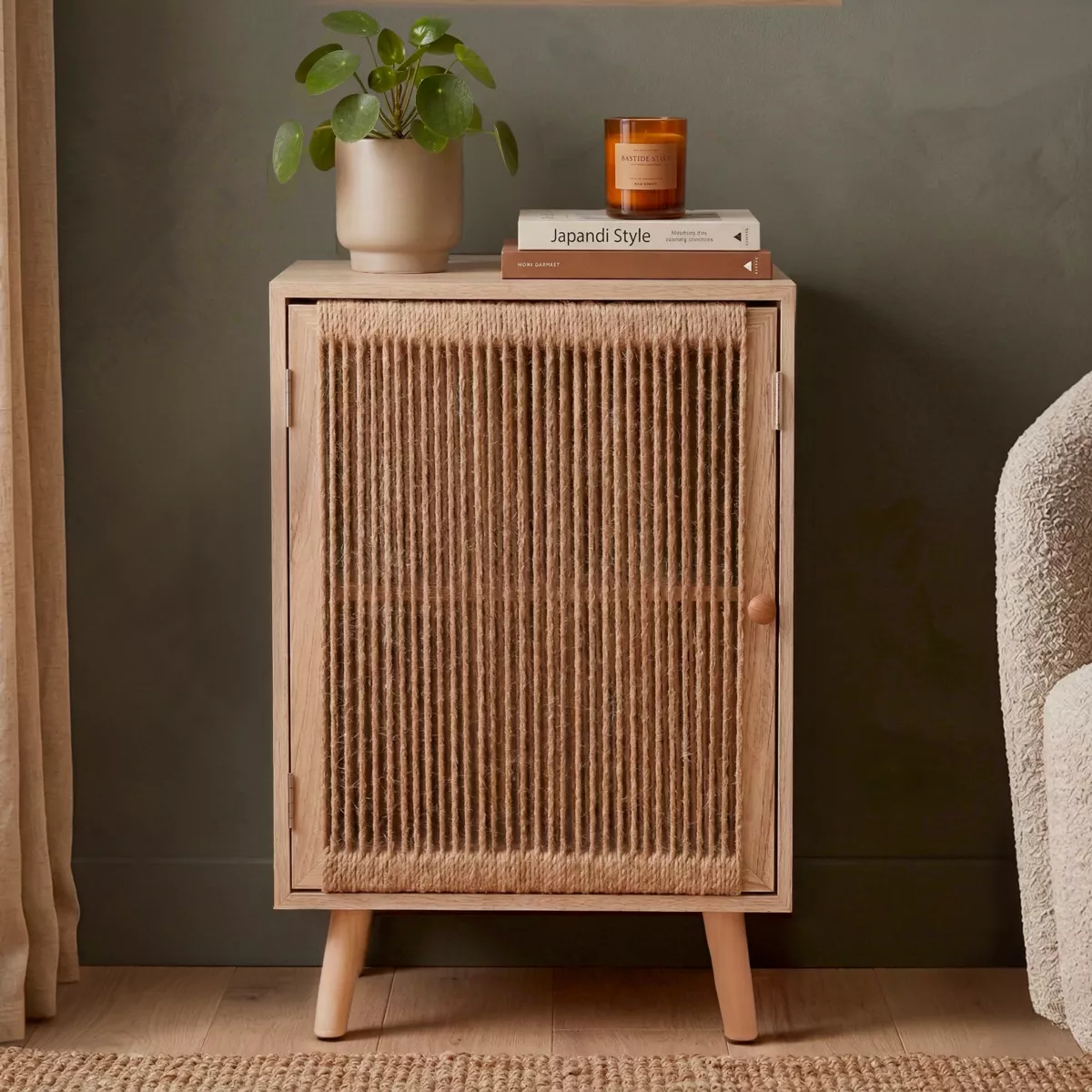 Commode chiffonnier 1 porte bois et corde de chanvre (40 x 65 cm) Manille Beige