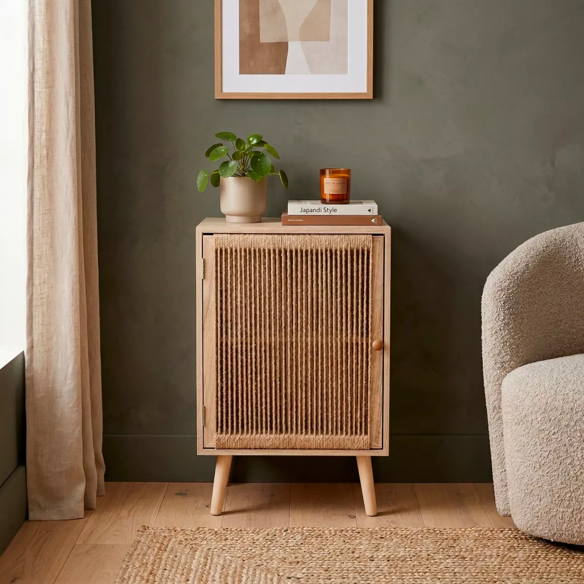 Commode chiffonnier 1 porte bois et corde de chanvre (40 x 65 cm) Manille Beige