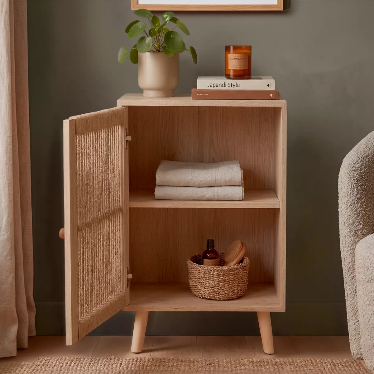 Commode chiffonnier 1 porte bois et corde de chanvre (40 x 65 cm) Manille Beige
