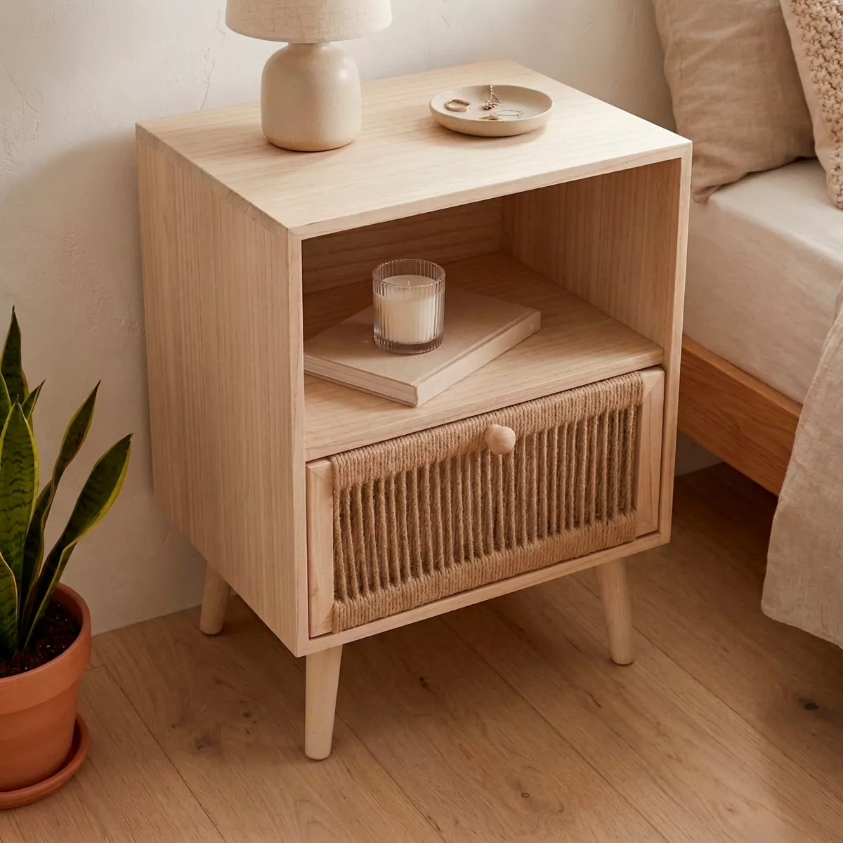 Comodino legno e corda di canapa (Alt 55 cm) Manille vano a giorno Beige