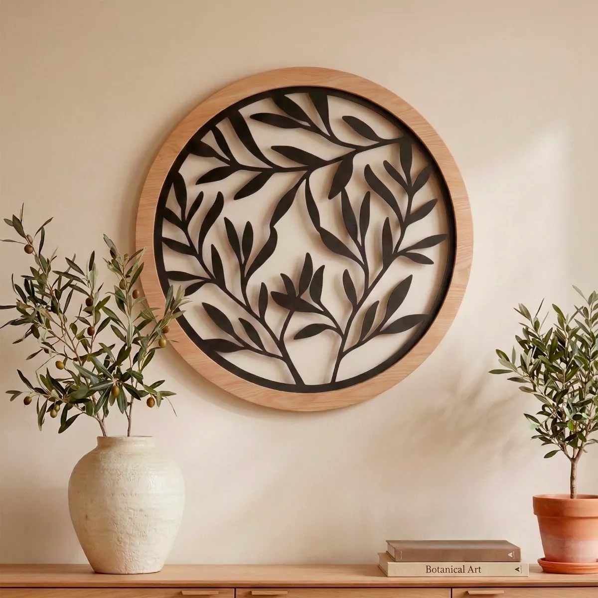Runde Wanddekoration Metall (D60 cm) Blätterwerk Schwarz