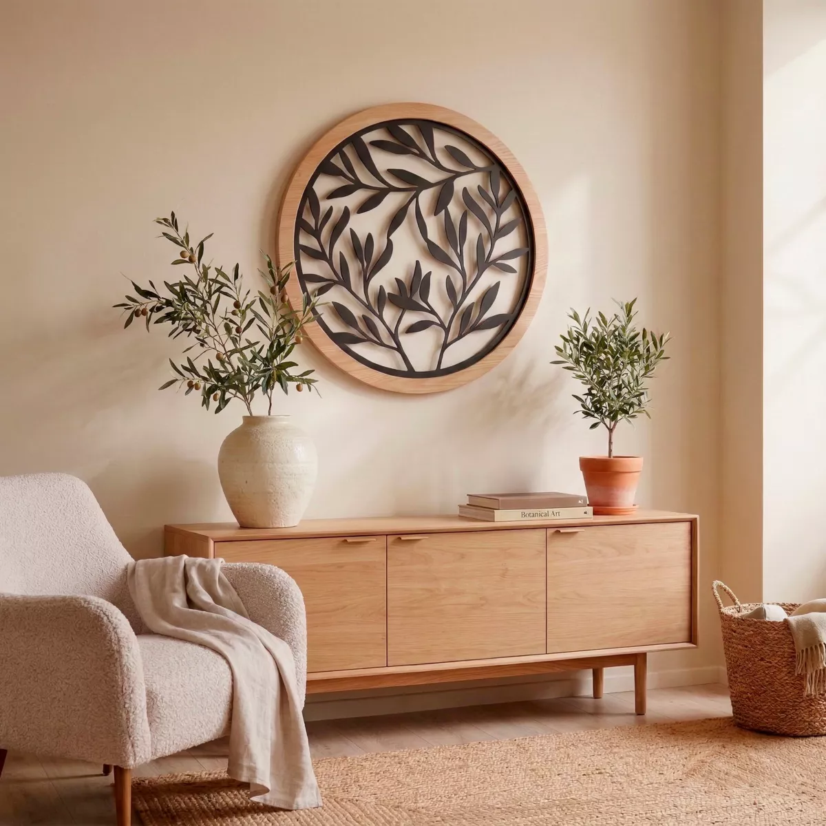 Decorazione murale rotonda in metallo (D60 cm) Foglie Nero