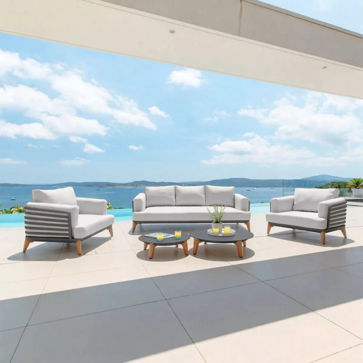 SALON DE JARDIN MONTE-CARLO 5 PLACES STRUCTURE ANTHRACITE ET COUSSINS GRIS NUAGE