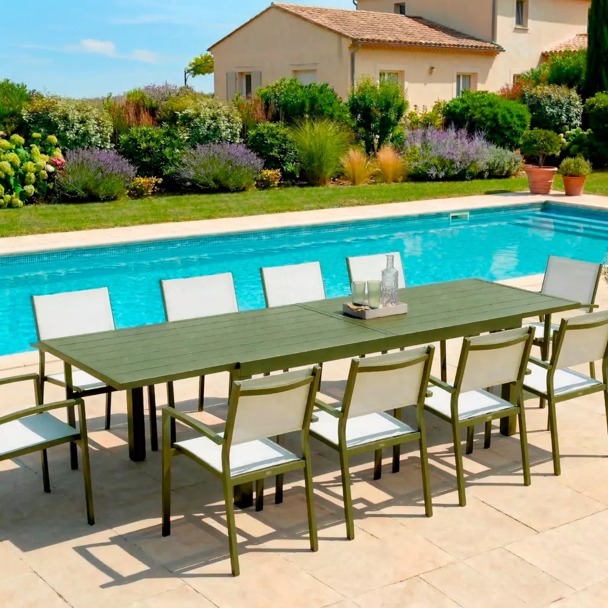 Mesa de jardÃ­n extensible de aluminio 12 personas (200/320 x 100 cm) Murano Verde