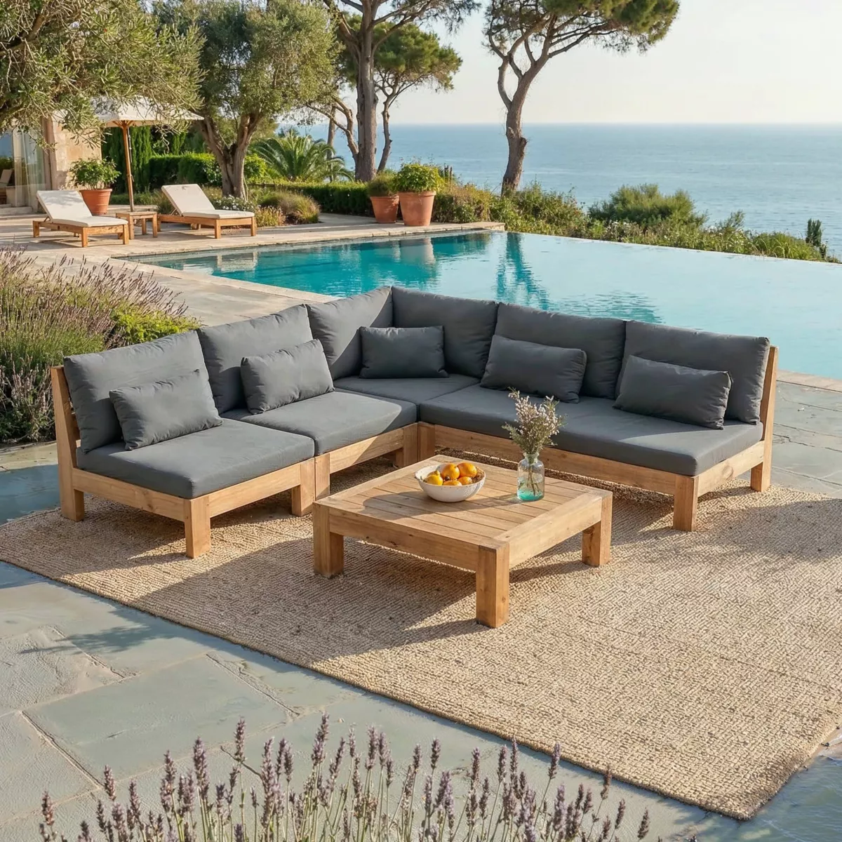 SALON DE JARDIN D'ANGLE BORNEO 6 PLACES STRUCTURE EN BOIS ET COUSSINS ANTHRACITE