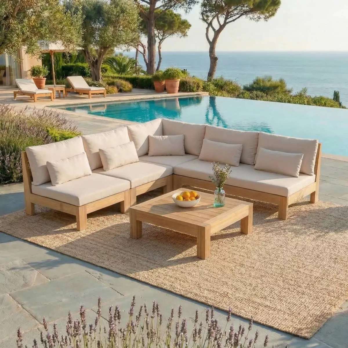Salotto da giardino angolare in legno di acacia 6 posti 5 pezzi Bornéo Sabbia