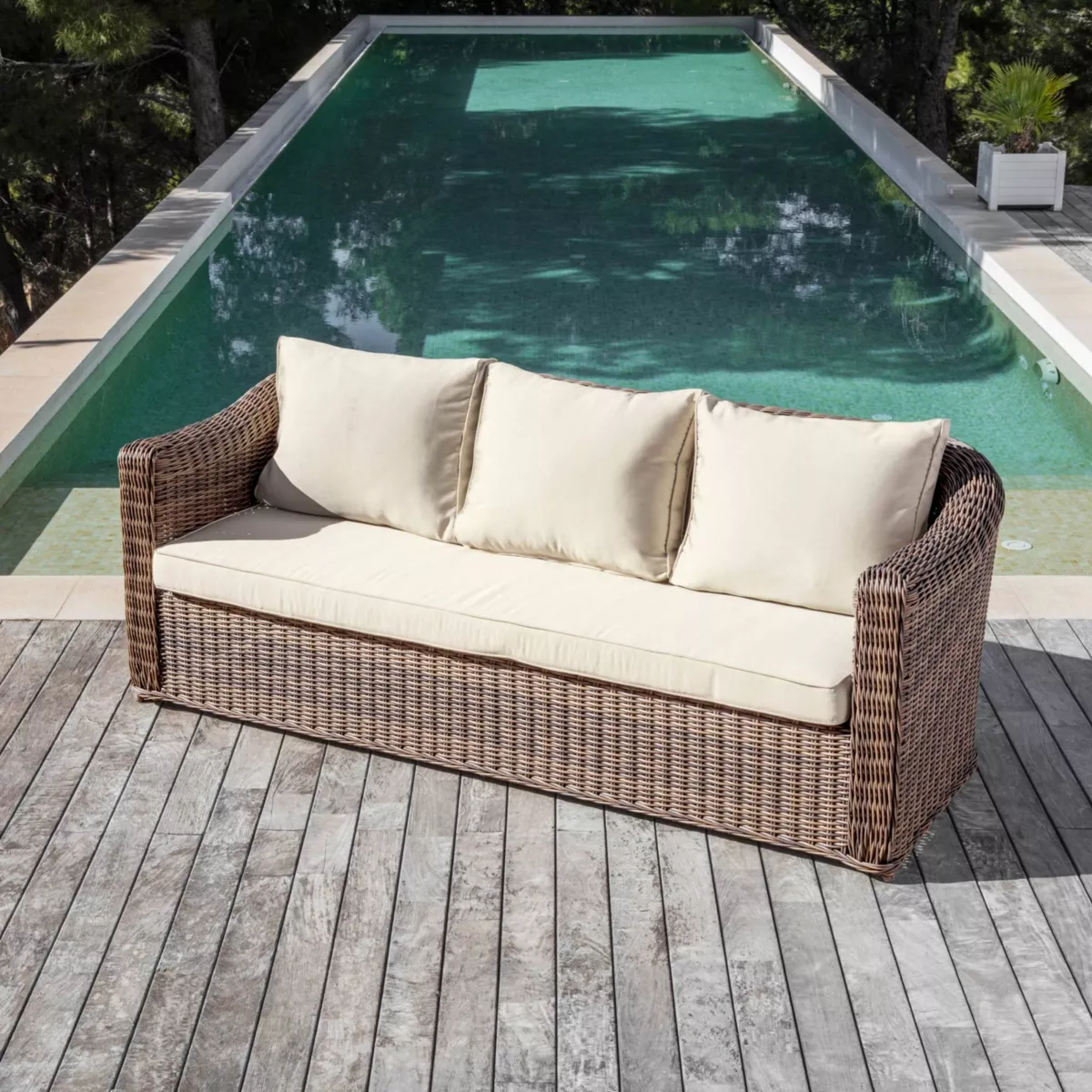 Divano da giardino in resina intrecciata 3 posti Calvi Seppia e beige