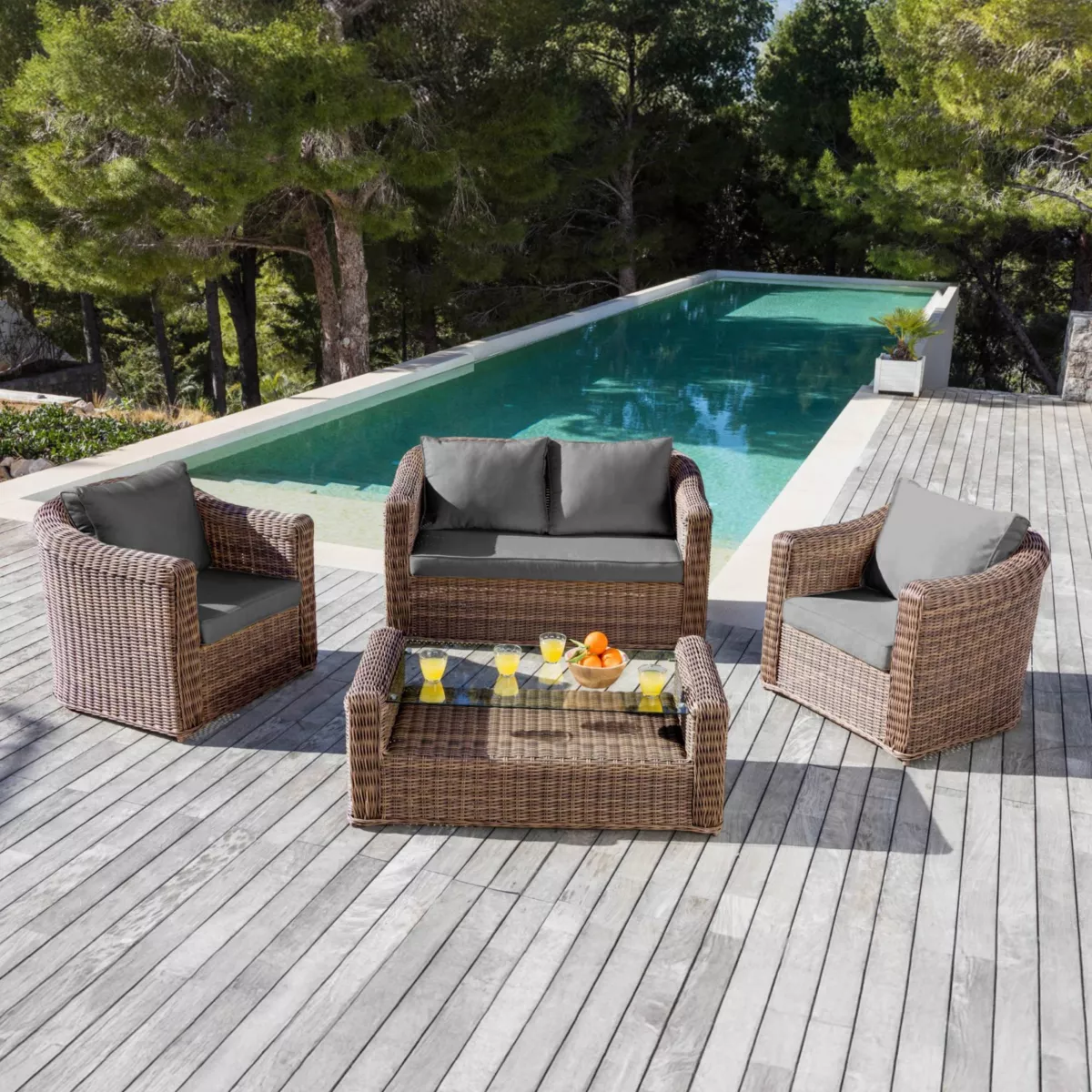 Salotto da giardino in resina intrecciata 4 posti 4 pezzi Calvi Seppia e grigio scuro