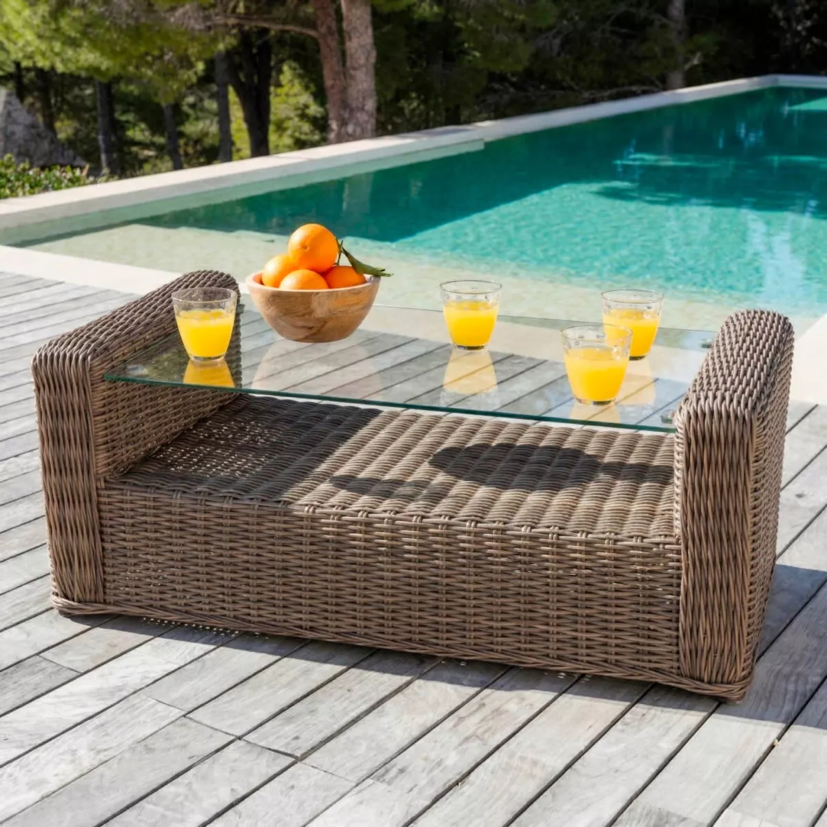 Salotto da giardino in resina intrecciata 7 posti 5 pezzi Calvi Seppia e grigio scuro