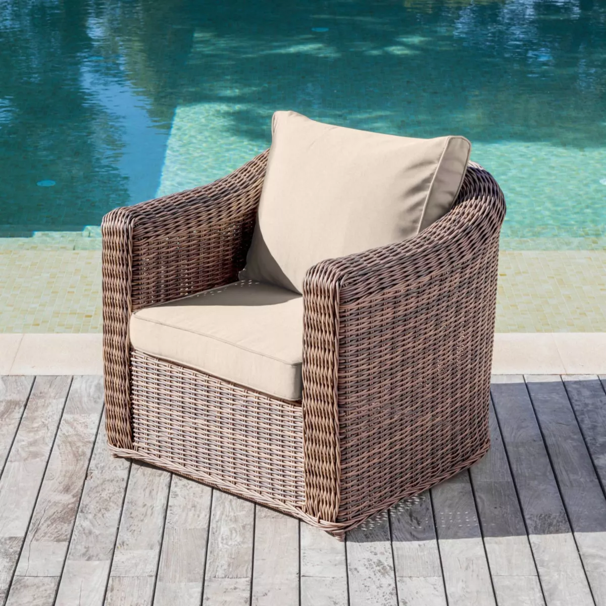 Gartensessel geflochtenes Polyrattan Calvi Sepiabraun und Taupe