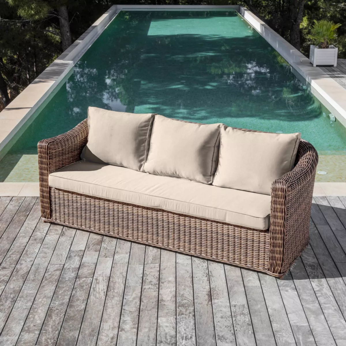 Canapé de jardin en résine tressée 3 places Calvi Sépia et taupe