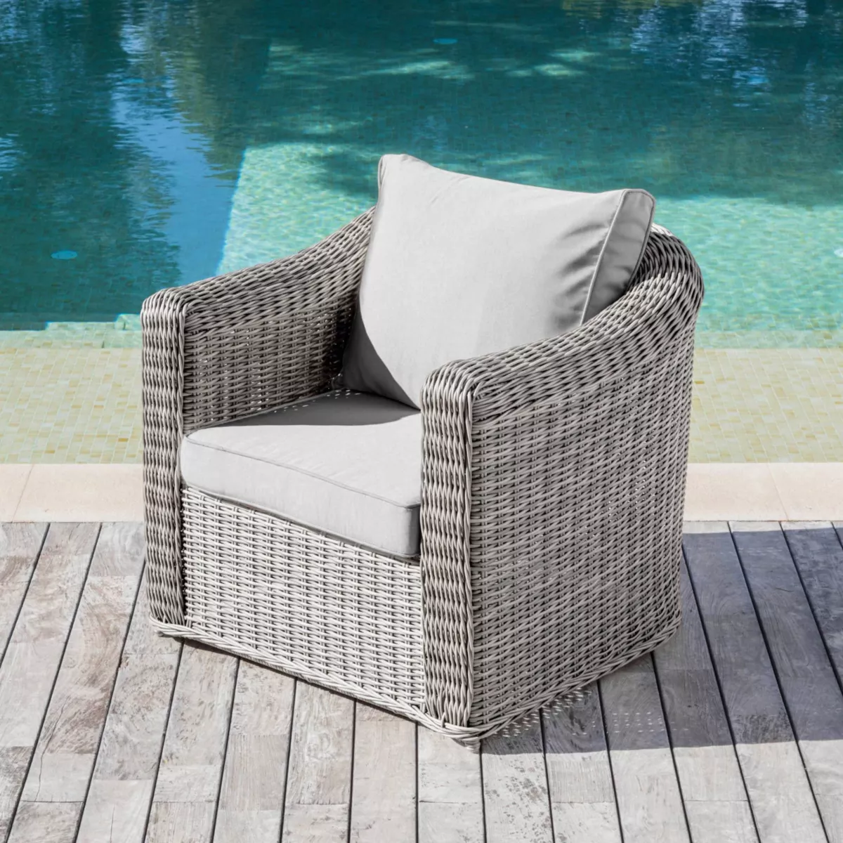 Salotto da giardino in resina intrecciata 5 posti 4 pezzi Calvi Grigio e grigio chiaro