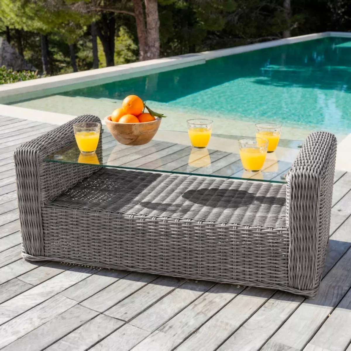 Salotto da giardino in resina intrecciata 5 posti 4 pezzi Calvi Grigio e grigio chiaro