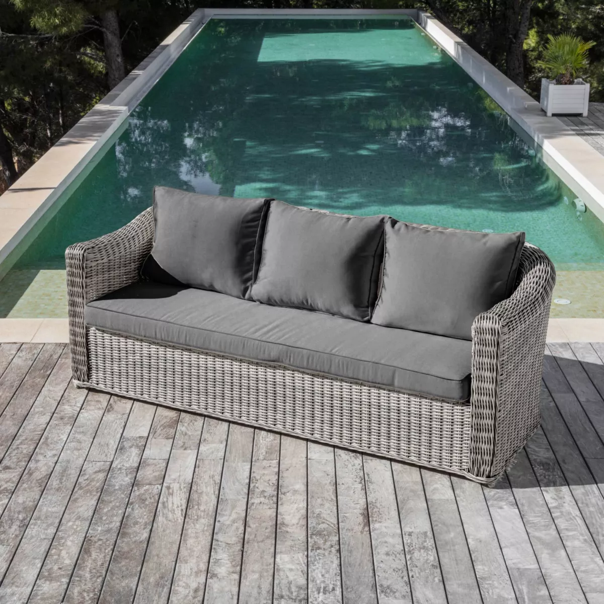 Divano da giardino in resina intrecciata 3 posti Calvi Grigio e grigio scuro