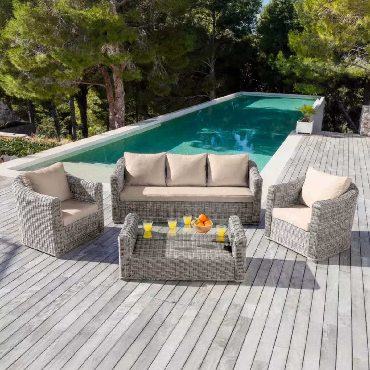 Salon de jardin en résine tressée 5 places 4 pcs Calvi Gris et taupe