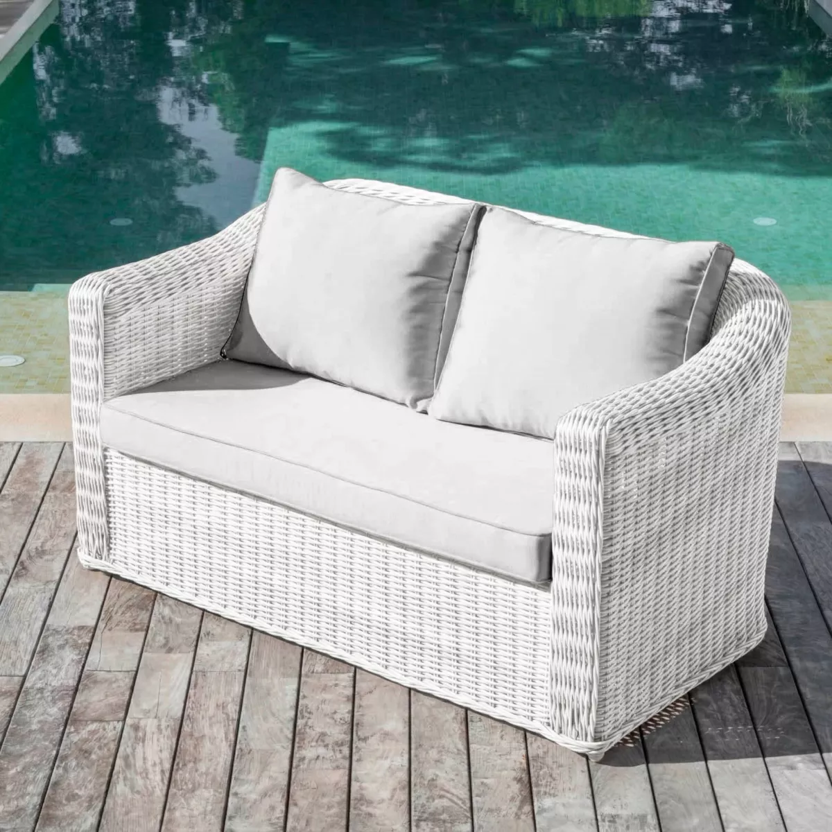Canapé de jardin en résine tressée 2 places Calvi Blanc et gris clair