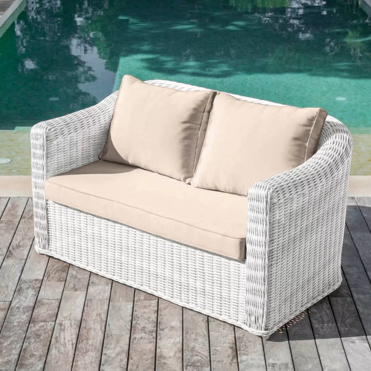 Salon de jardin en résine tressée 7 places 5 pcs Calvi Blanc et taupe