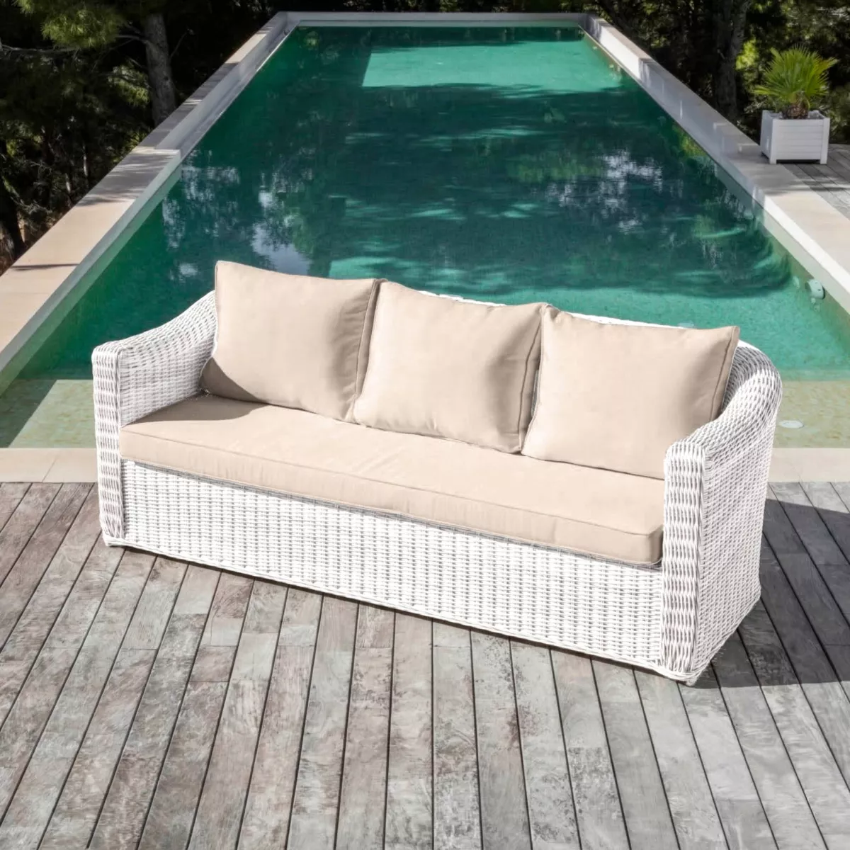 Salon de jardin en résine tressée 7 places 5 pcs Calvi Blanc et taupe