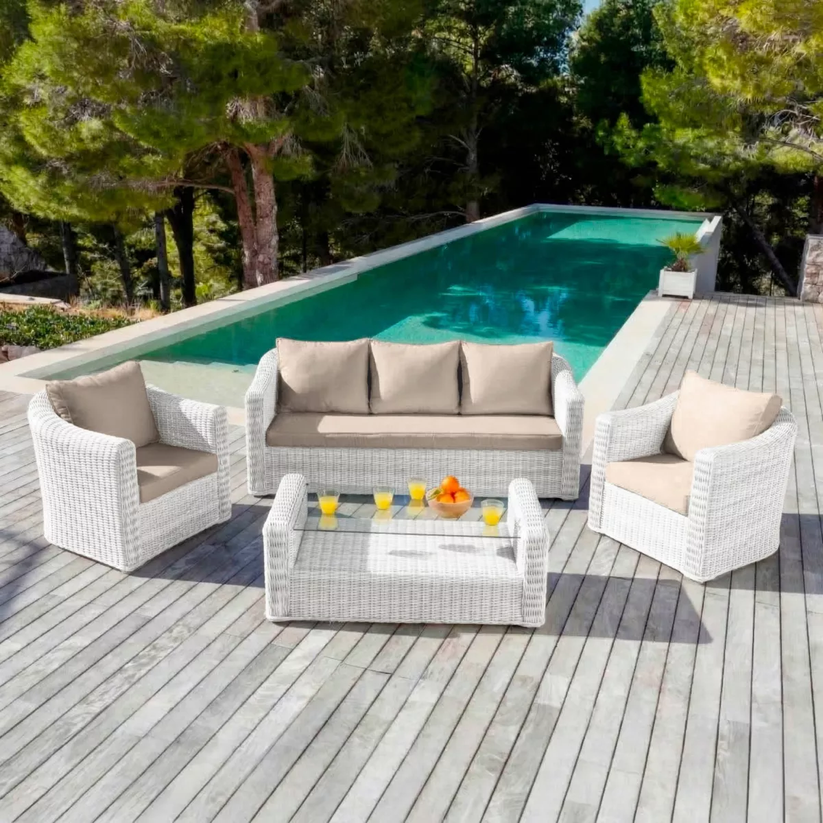 Salotto da giardino in resina intrecciata 5 posti 4 pezzi Calvi Bianco e tortora