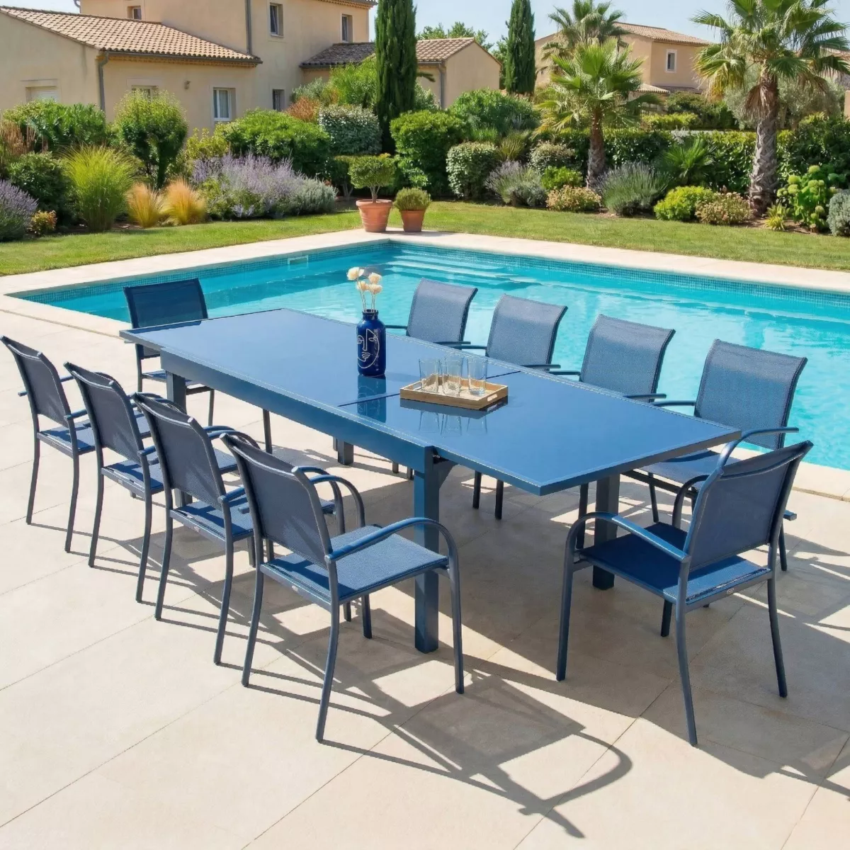 Tavolo da giardino allungabile in vetro 12 posti (200/320 x 100 cm) Murano Blu