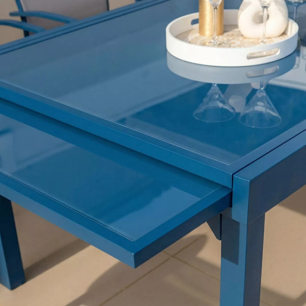 Table de jardin extensible en verre 12 places (200/320 x 100 cm) Murano Bleu pétrole