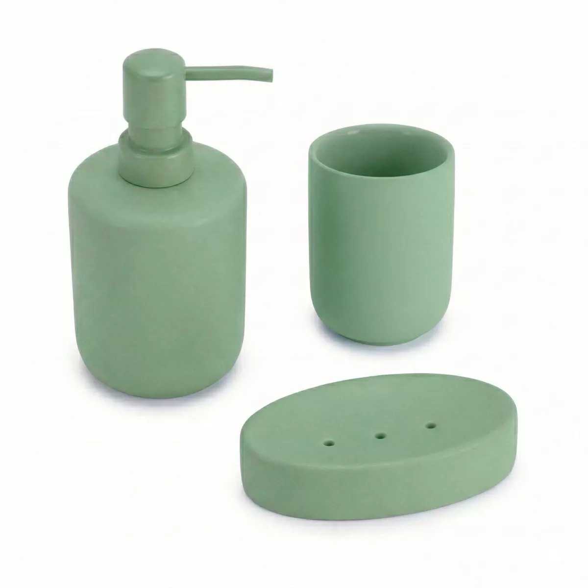 SET GOBELET DISTRIBUTEUR A SAVON ET PORTE SAVON GRES EFFET RUBBER - BLEU CLAIR