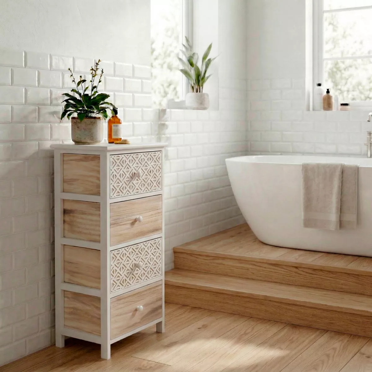 Mobiletto bagno 4 cassetti in legno di paulownia (86 x 37 cm) Stile Bohémien Bianco