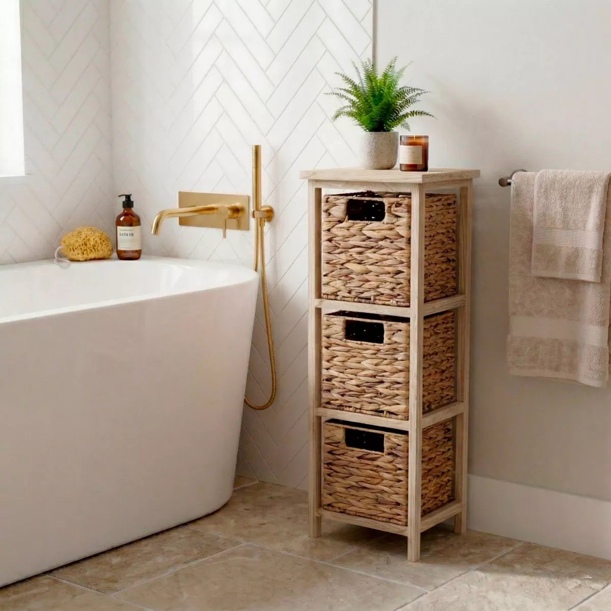 Mueble pequeño de baño con 3 cestas de junco (77 x 25 cm) Olia Natural