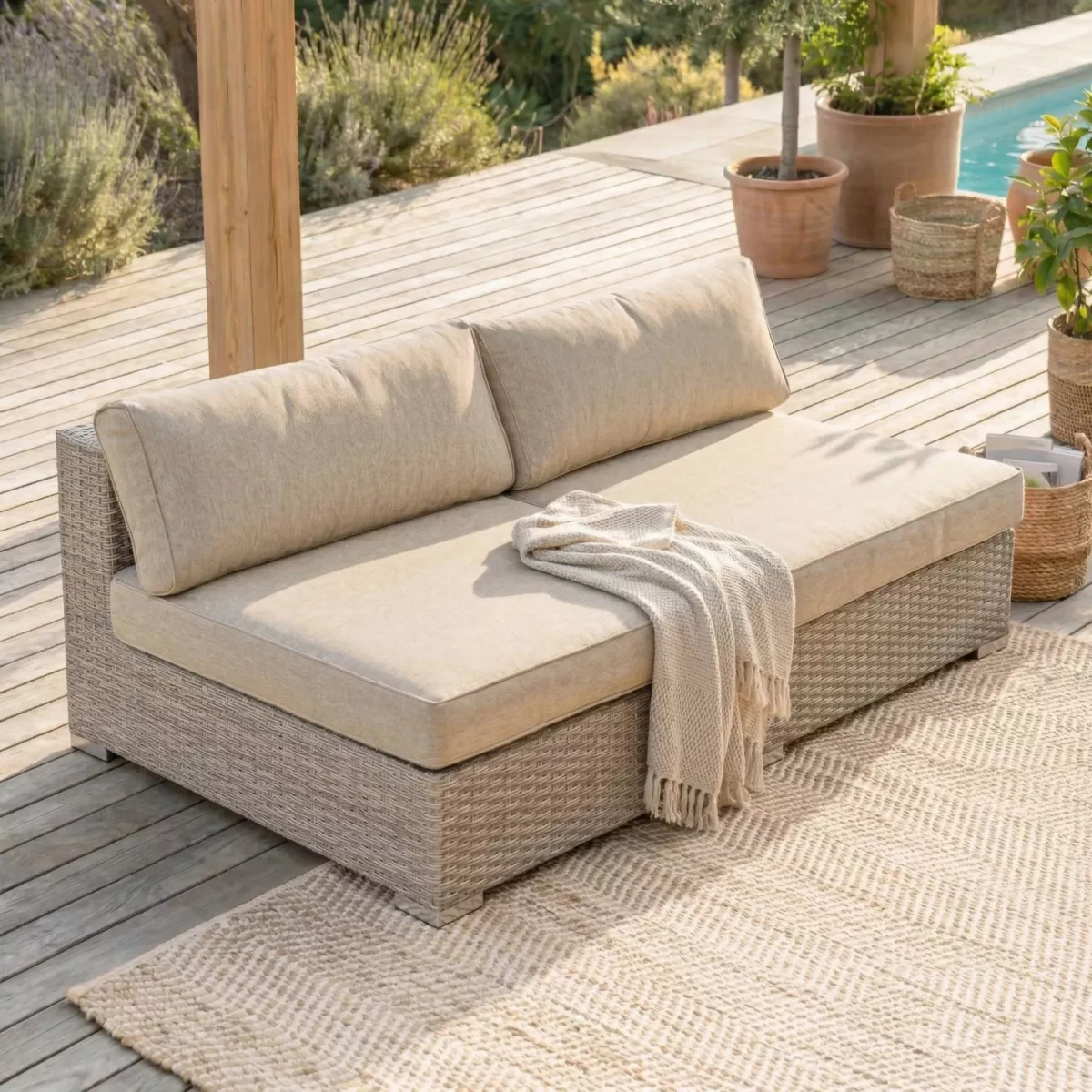 Divano da giardino in resina intrecciata 2 posti Palma Grigio e beige