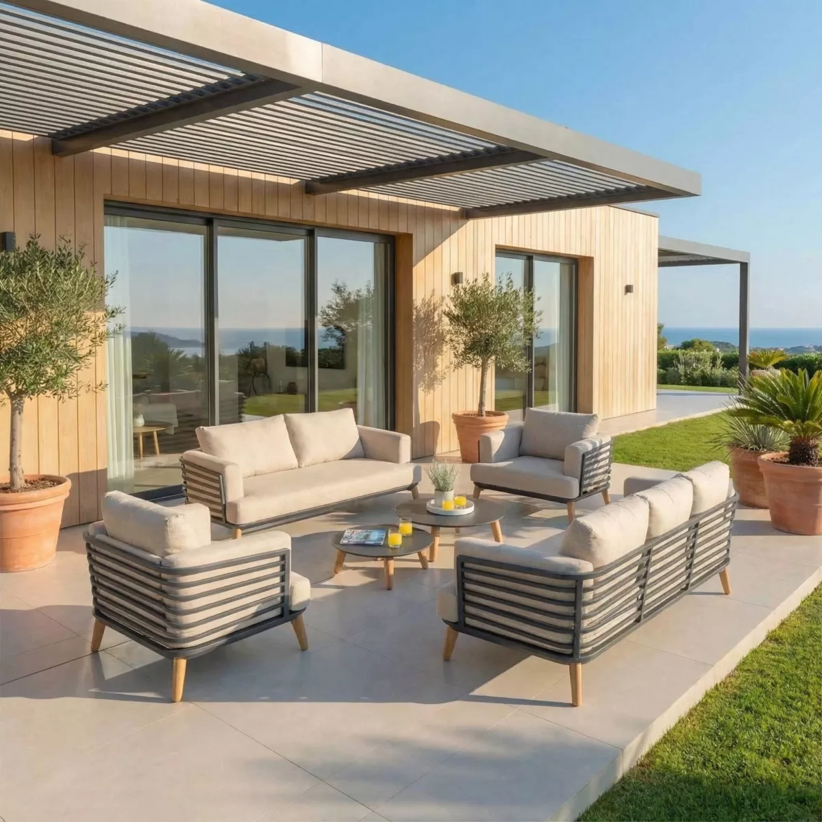 SALON DE JARDIN MONTE-CARLO 7 PLACES STRUCTURE ANTHRACITE ET COUSSINS BEIGE