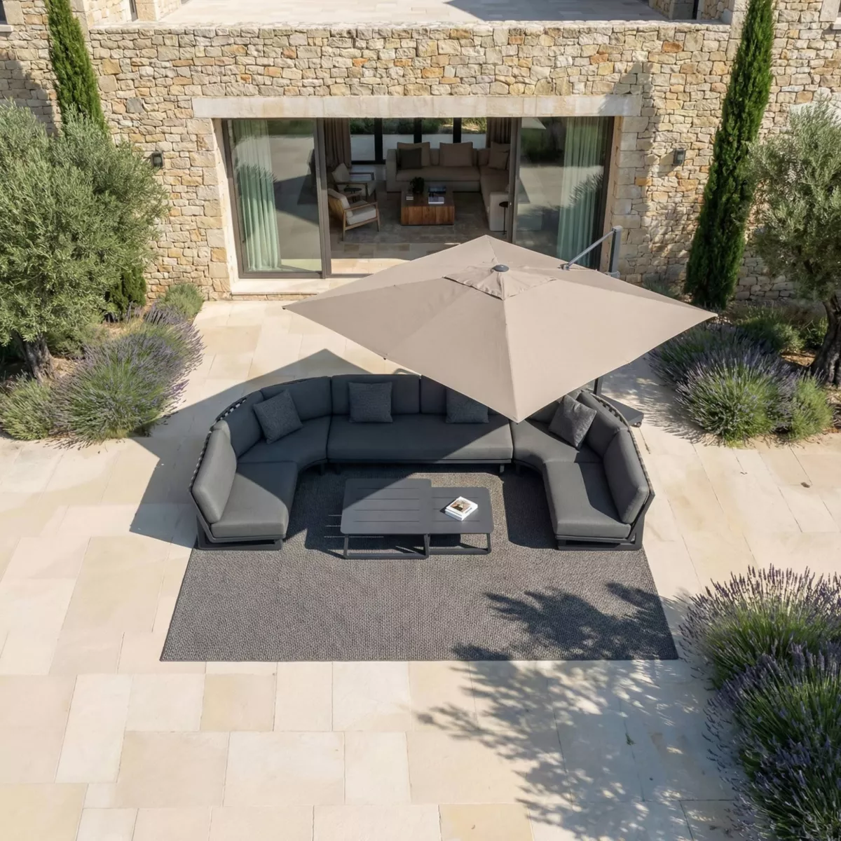 Parasol déporté carré aluminium avec socle (3 x 3 m) Elyra Anthracite et Taupe