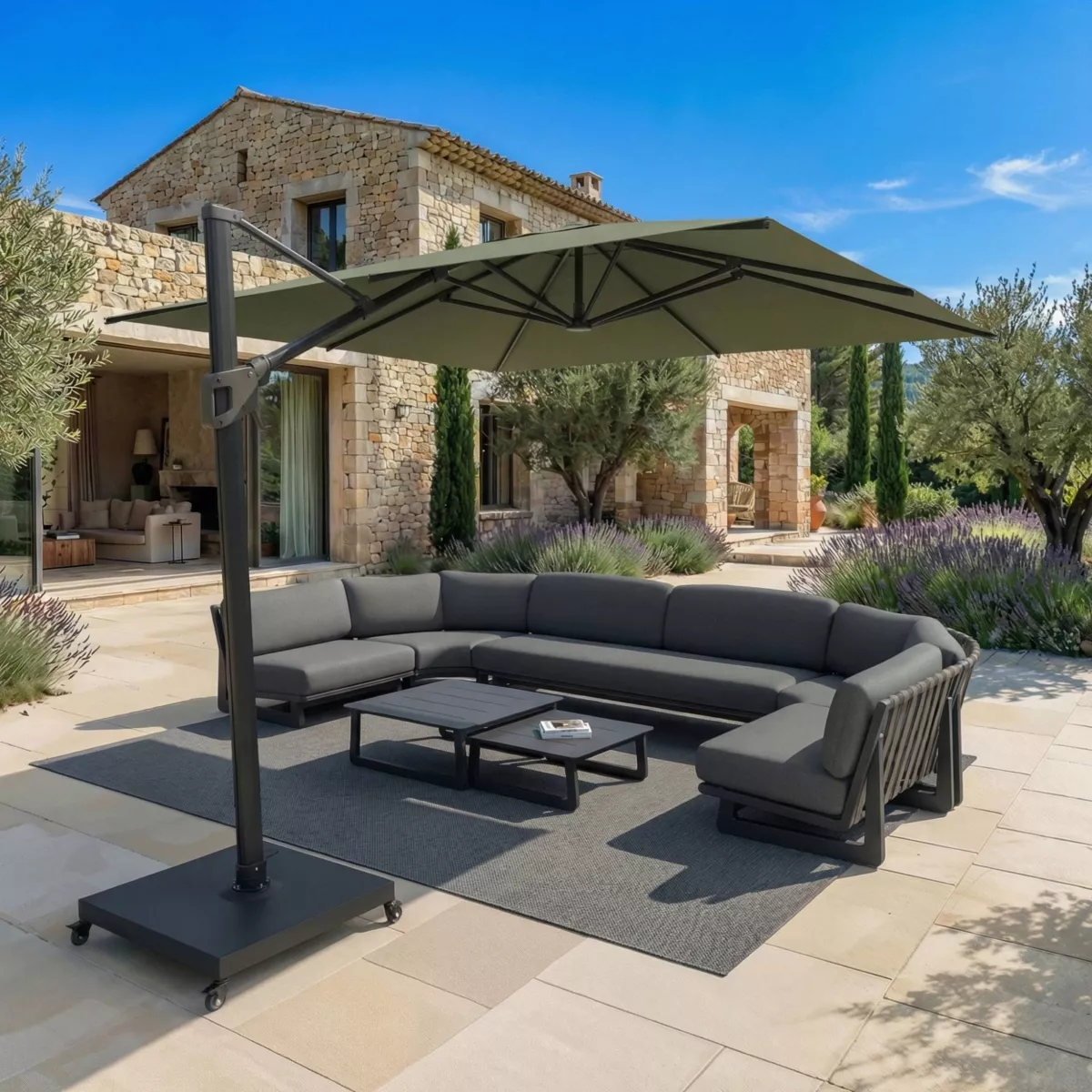 Ombrellone sporgente quadrato in alluminio con base (3 x 3 m) Elyra Antracite e Verde oliva
