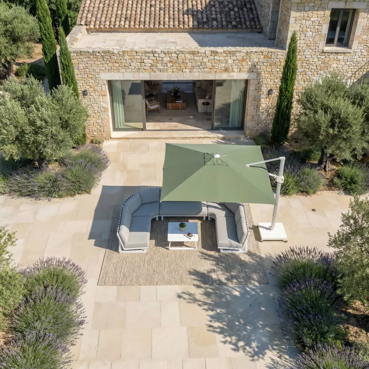 Ombrellone sporgente quadrato in alluminio con base (3 x 3 m) Elyra Bianco e Verde oliva