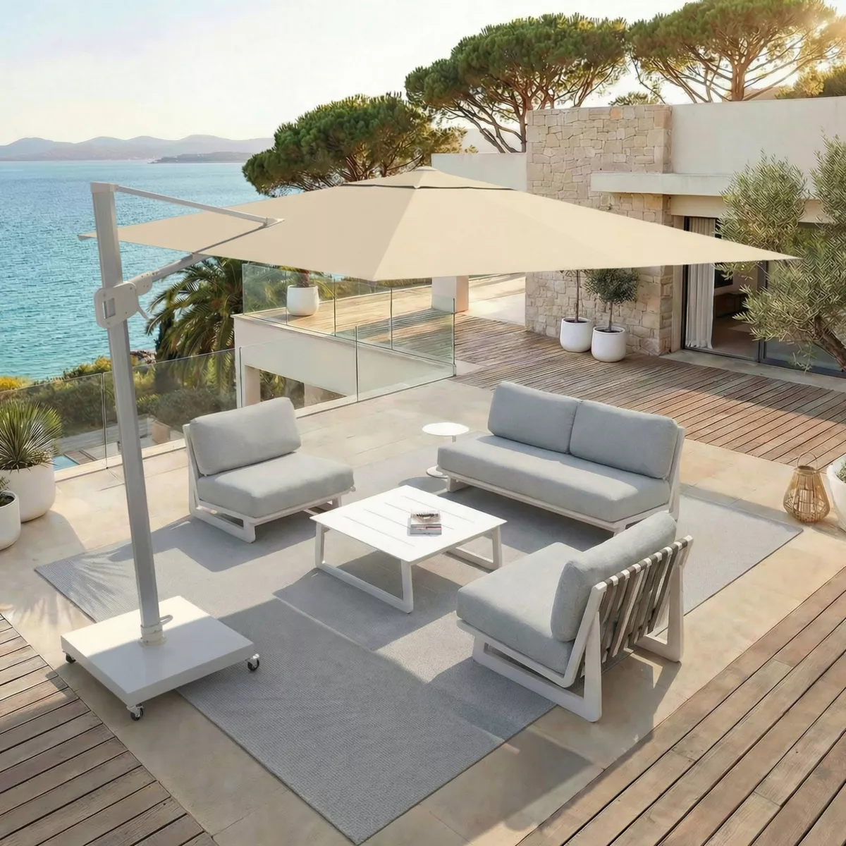 Ombrellone sporgente rettangolare in alluminio con base (3 x 4 m) Elyra Bianco e Beige