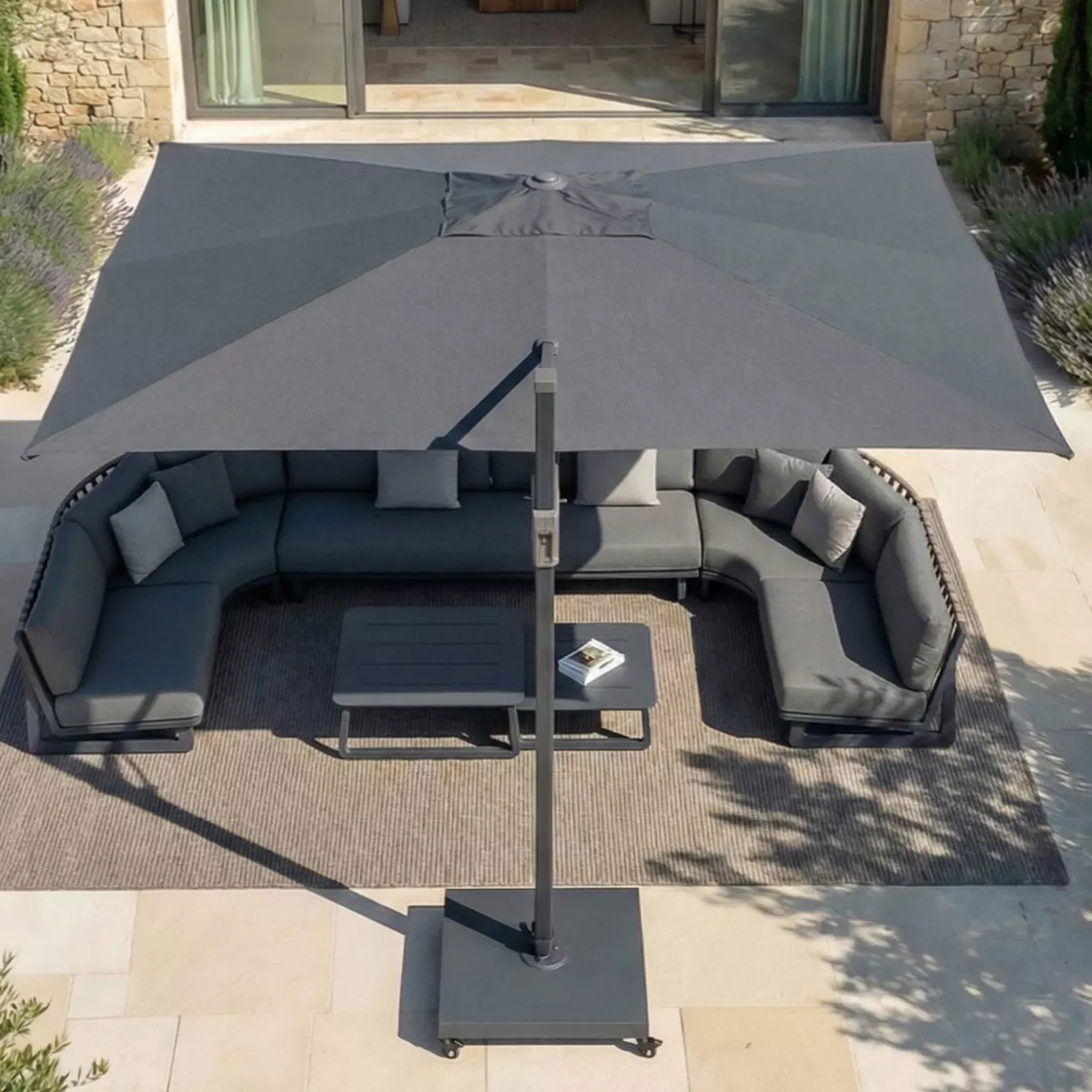 Rechteckiger Aluminium-Cantilever-Sonnenschirm mit Ständer (3 x 4 m) Elyra Anthrazit