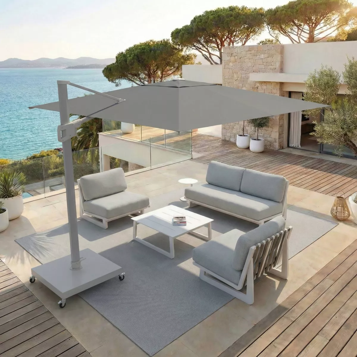 Parasol déporté rectangulaire aluminium avec socle (4 x 3 m) Elyra Blanc et Anthracite