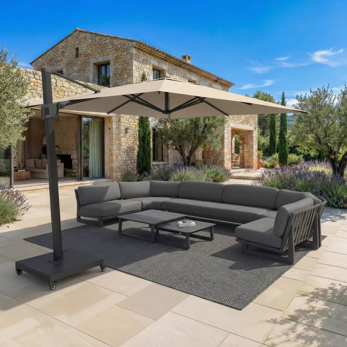 Ombrellone sporgente quadrato in alluminio con base (3 x 3 m) Elyra Antracite e Beige