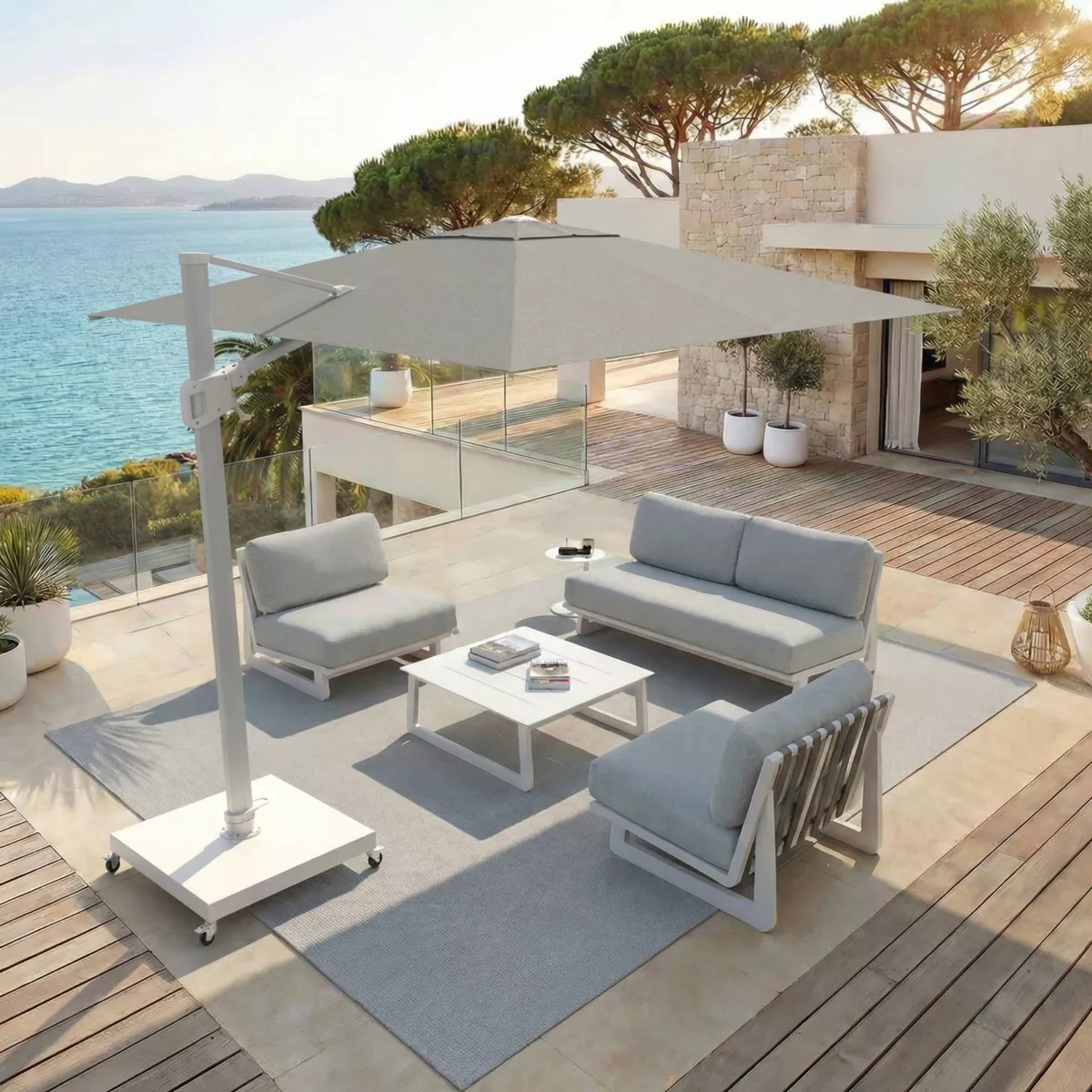 Ombrellone sporgente rettangolare in alluminio con base (3 x 4 m) Elyra Bianco e Grigio